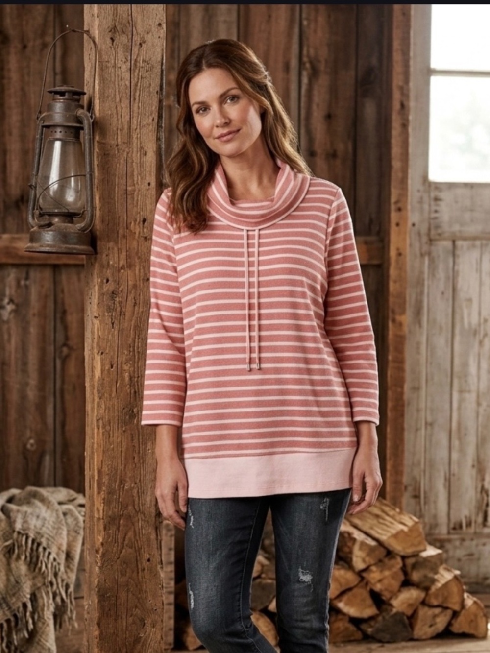 Denim & Co Pink Striped Cowl Neck Sweatshirt 3X Granolagirl Cabincore Loungewear